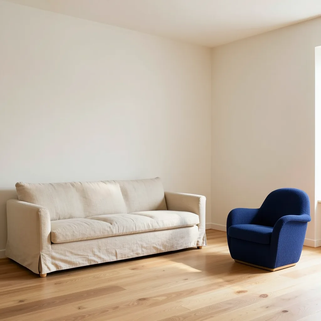 Room edited to have navy woven armchair upholstery
