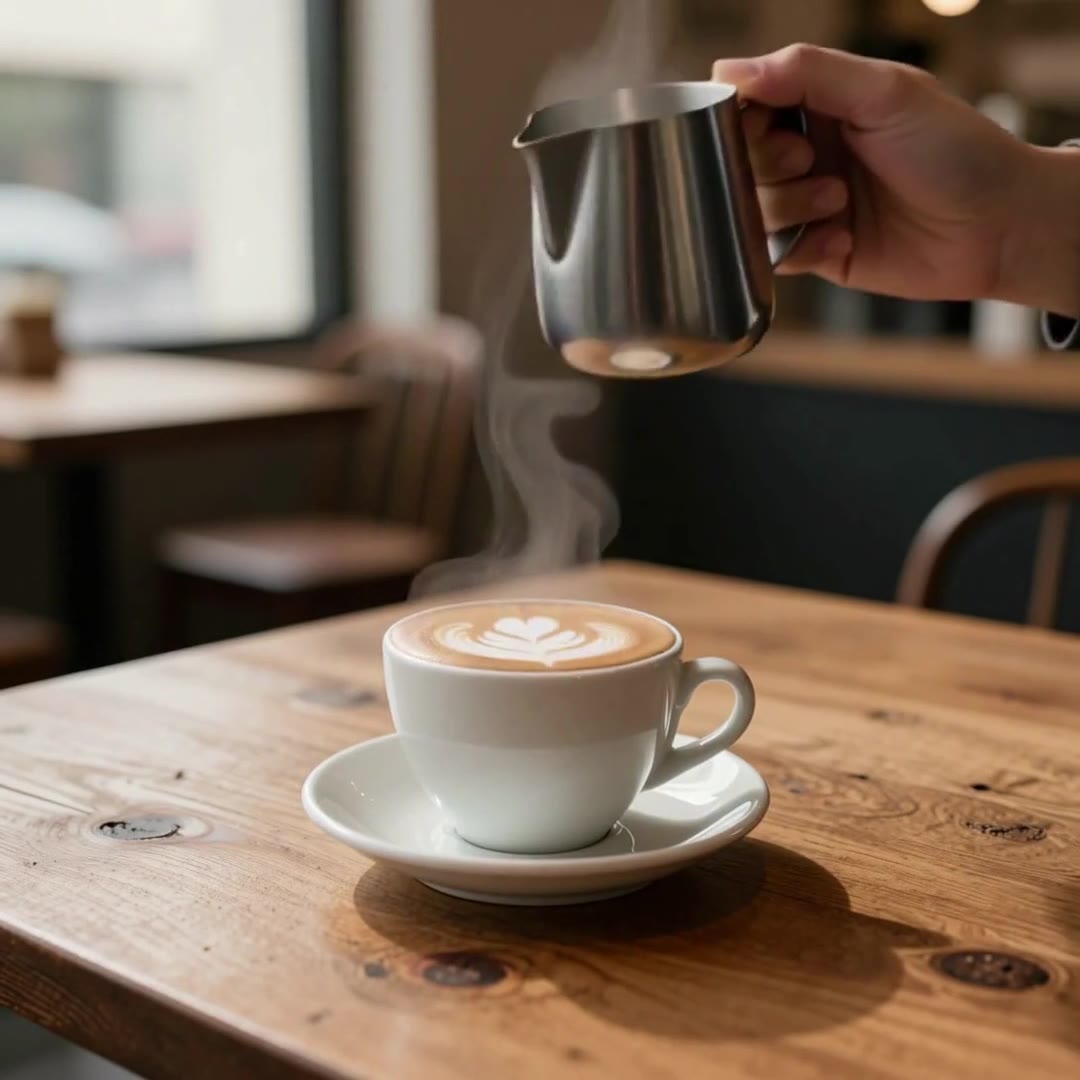 The pour, from first drop to latte art.