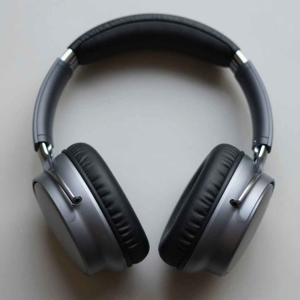 Over-ear headphones on a simple surface showing fabric, metal and plastic materials