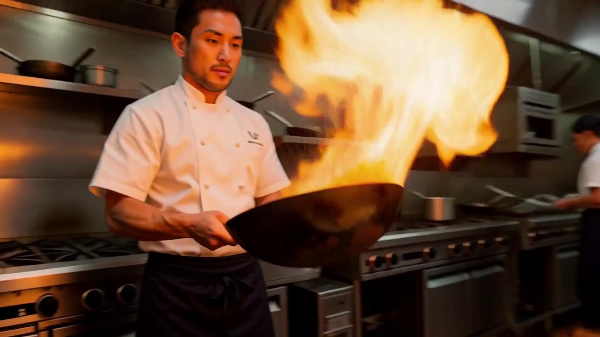 Actual five-second Studio result from one text prompt. Fire, flipping food and a moving camera in one shot.